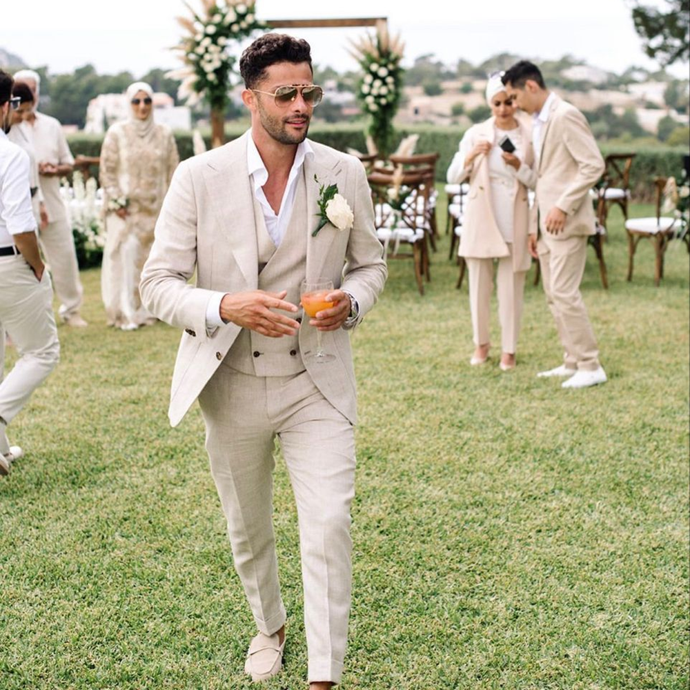 Summer Linen Men Suits 3 Piece - Men Grooming Outfit avis et prix