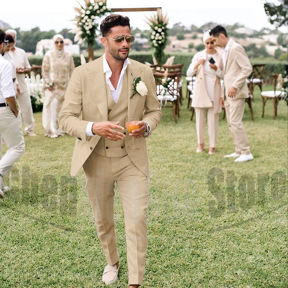 Summer Linen Men Suits 3 Piece - Men Grooming Outfit avis et prix