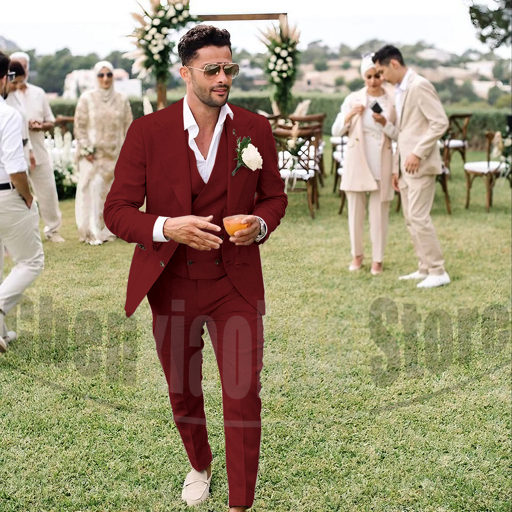 Summer Linen Men Suits 3 Piece - Men Grooming Outfit avis et prix